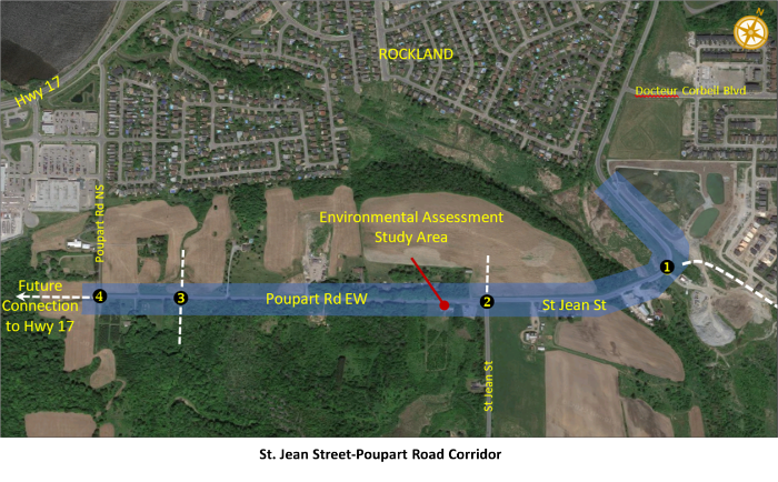 aerial photo of clarence-rockland with text that indicates the proposed plan for st-jean poupart