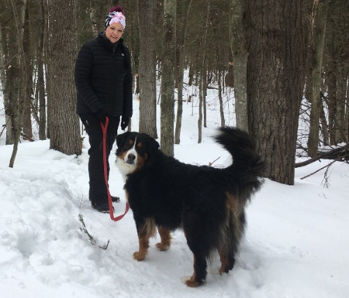 Femme avec un chien dans la forêt en hiver