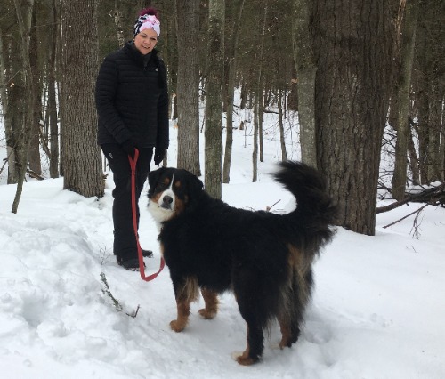 Woman walking a dog in the snow in the forest