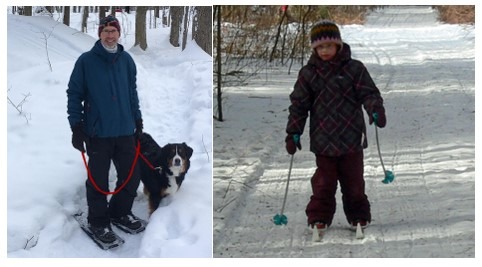 Man with snowshoes and a child in cross-country skis