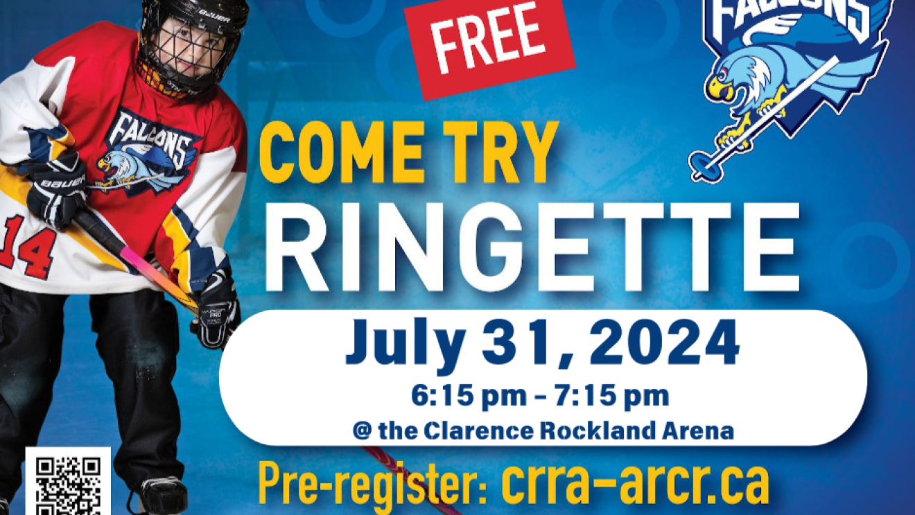 Young hockey player on blue promo for ringette event, July 31, 2024, 6:15 pm.