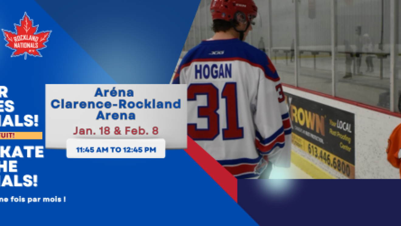 Hockey player guiding a child on the rink.