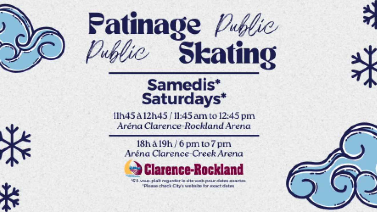 Blue clouds and snowflakes on white, promoting public skating events.