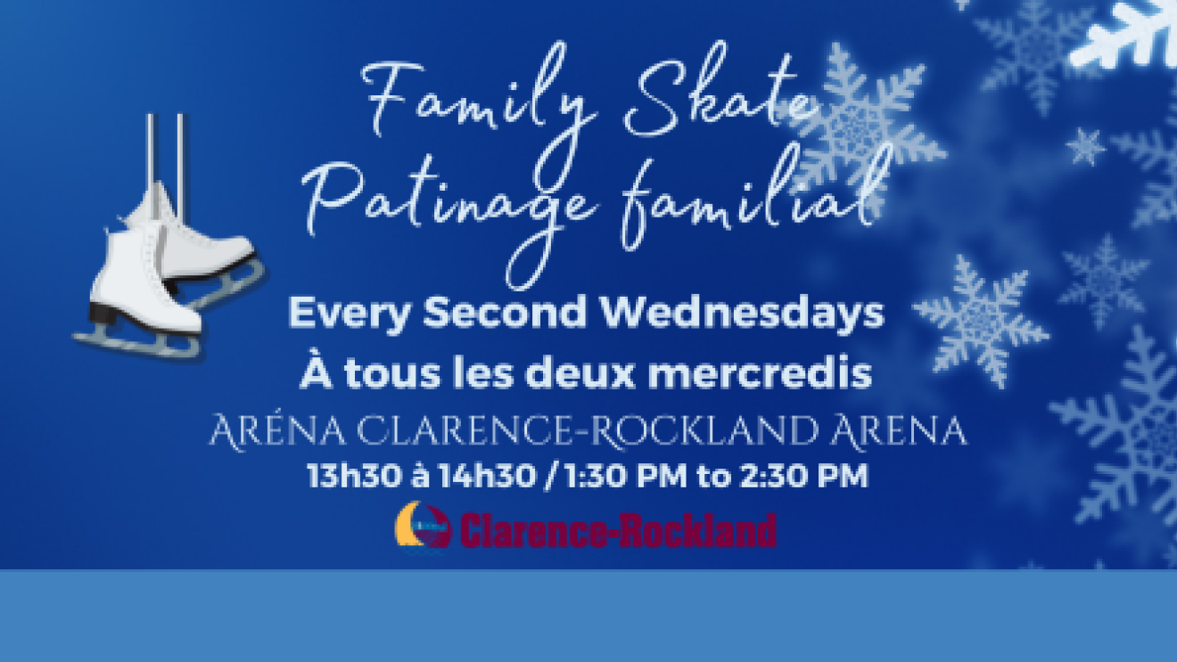 Family Skate event banner with ice skates and snowflakes, blue background.