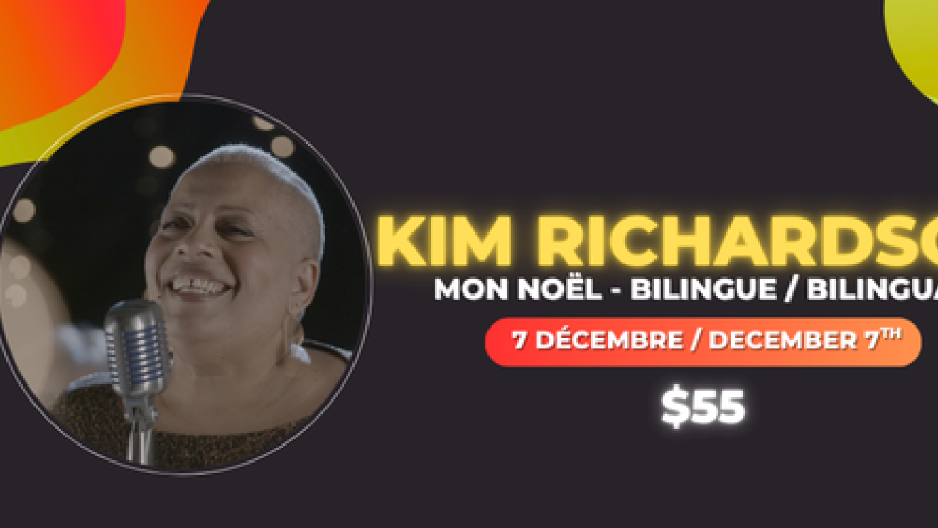 Smiling person singing into a microphone, colorful background.