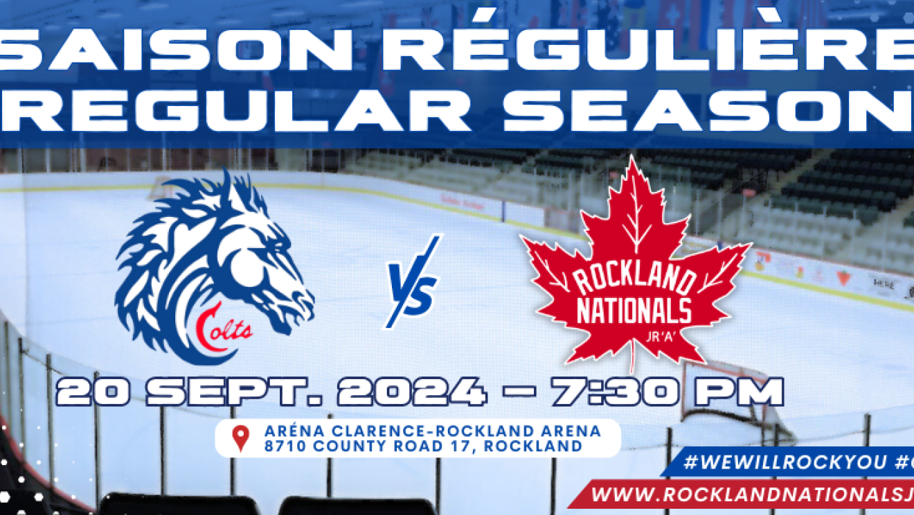 Hockey rink with team logos and event details.