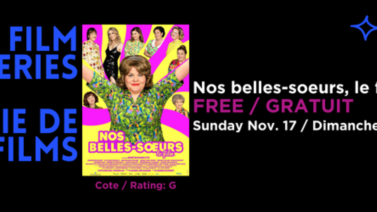 Colouful movie poster with people in bright outfits and event details on a black background.