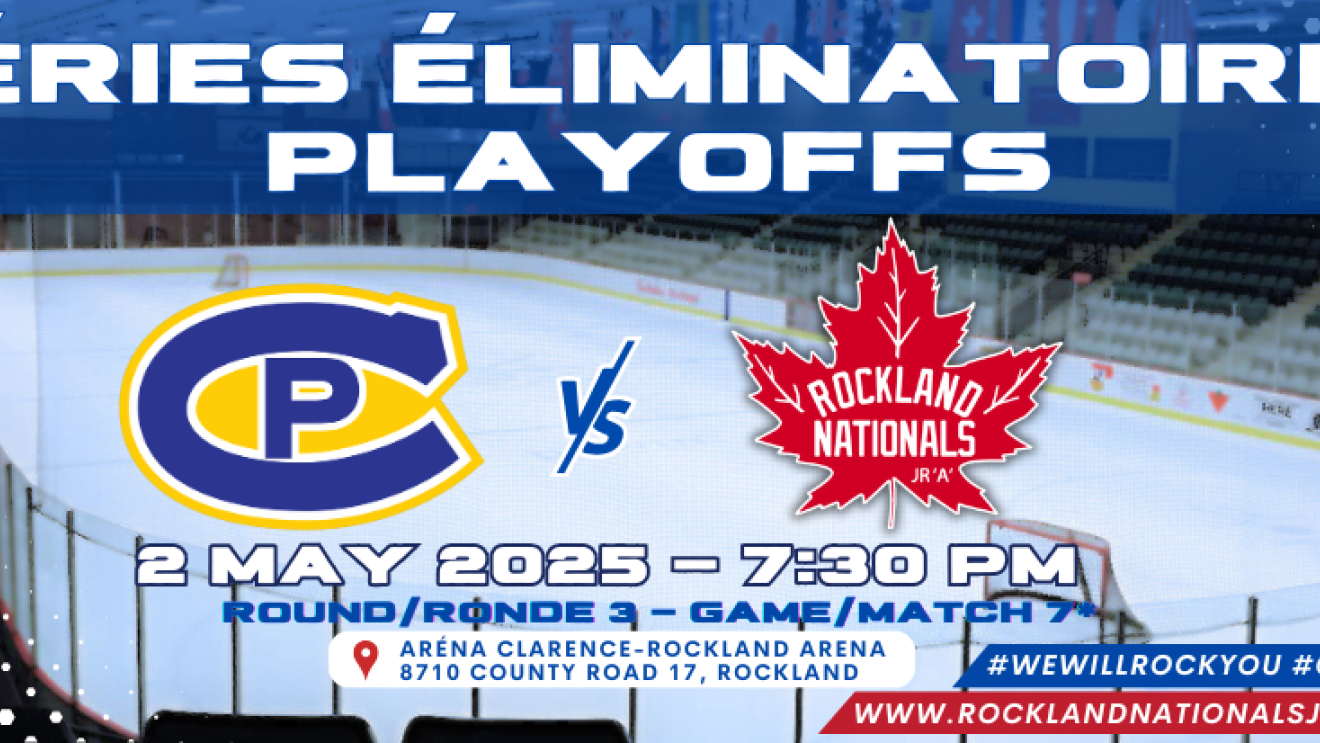 Hockey arena with logos and playoff text in French and English.