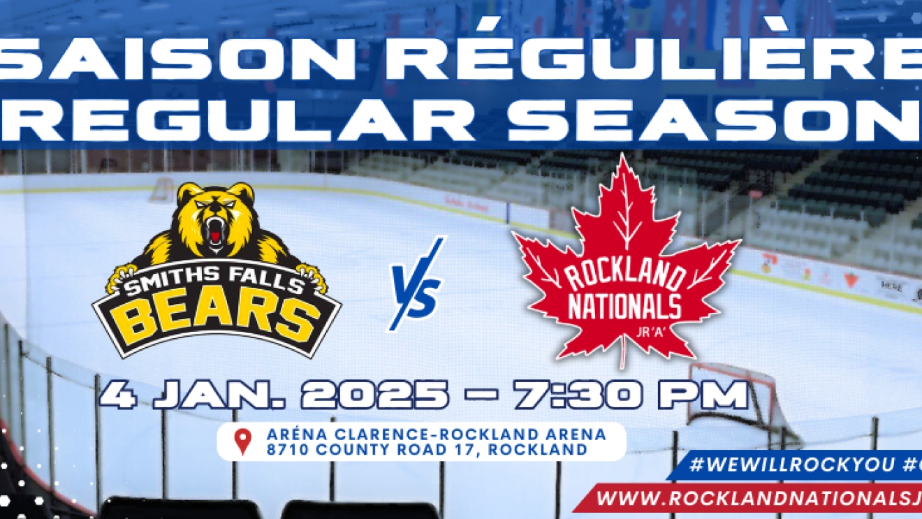 Affiche de match de hockey entre Bears et Nationals, le 4 janvier. Ice rink vide en arrière-plan.