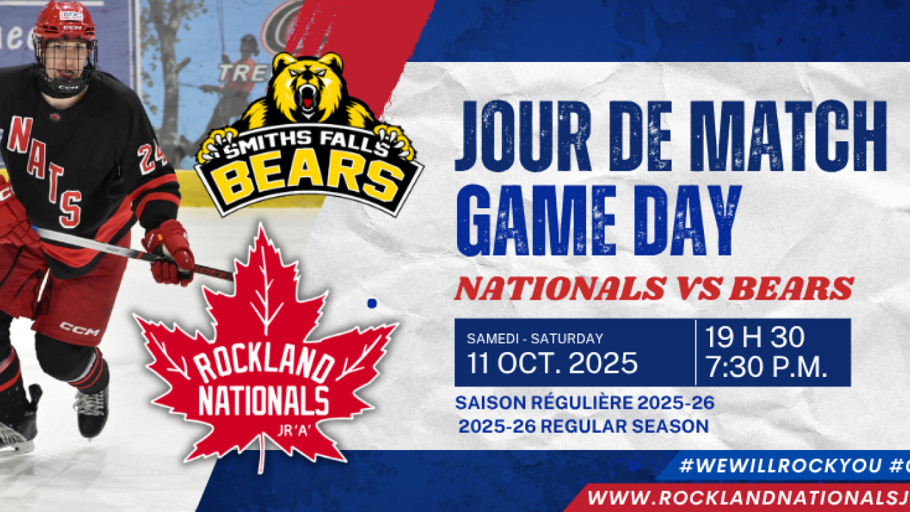 Hockeyeur en rouge sur la glace, logos des équipes Bears et Nationals.