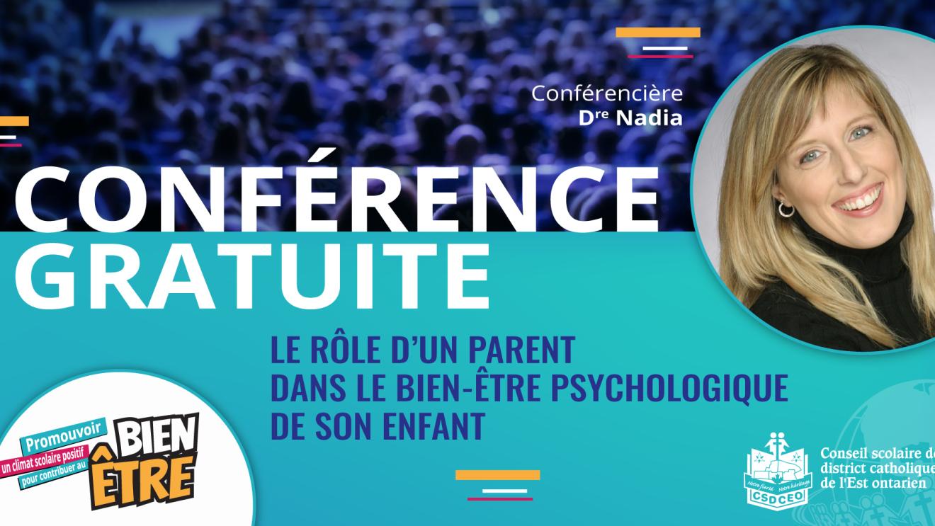 Bannière de conférence sur le bien-être parental avec photo d'une femme souriante.