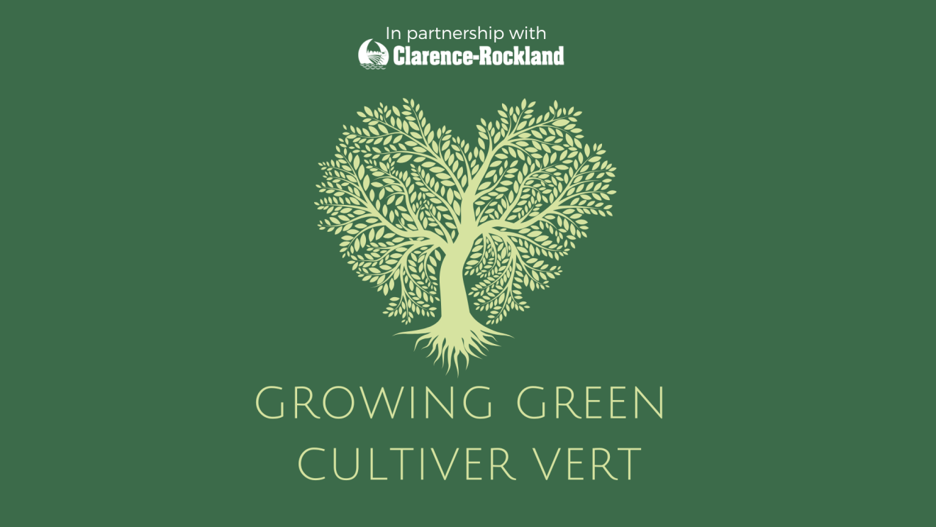 Arbre en forme de cœur sur fond vert, texte "Growing Green Cultiver Vert".