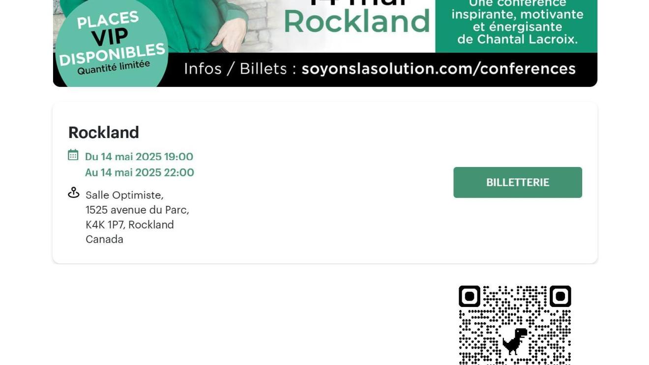 Smiling woman in a green top, event details and QR code below.