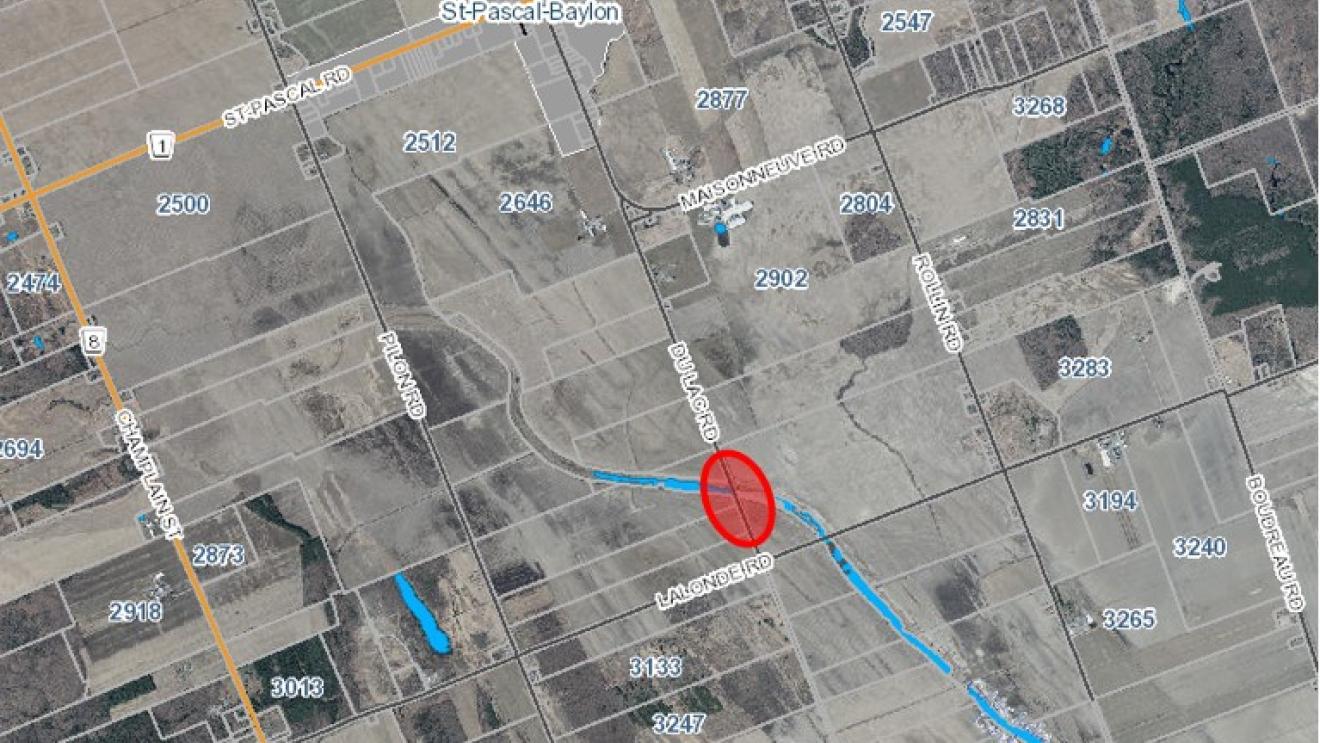 Carte satellite d'une zone rurale avec un cercle rouge au centre.