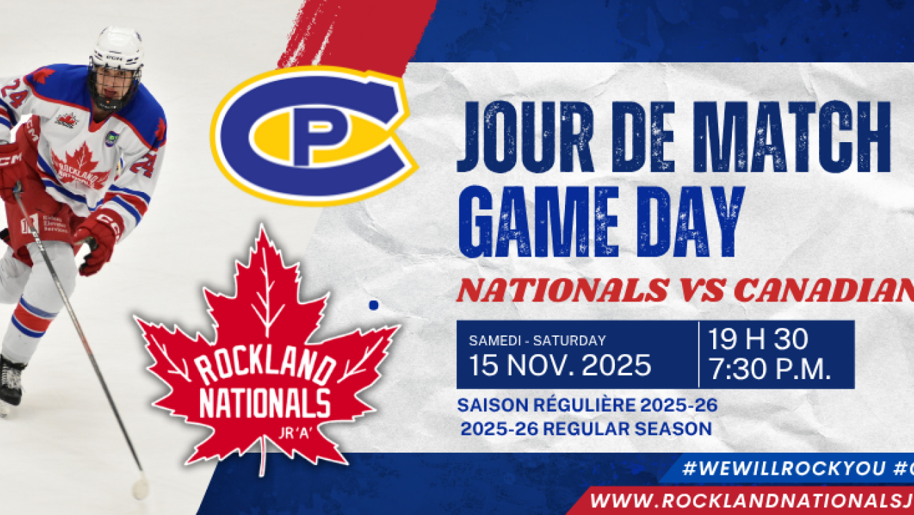 Hockey player in red and blue uniform, game day details with logos and pucks.