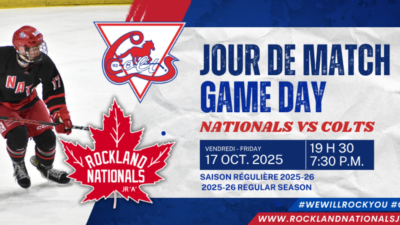 Hockey player in red jersey on ice, game day details alongside.