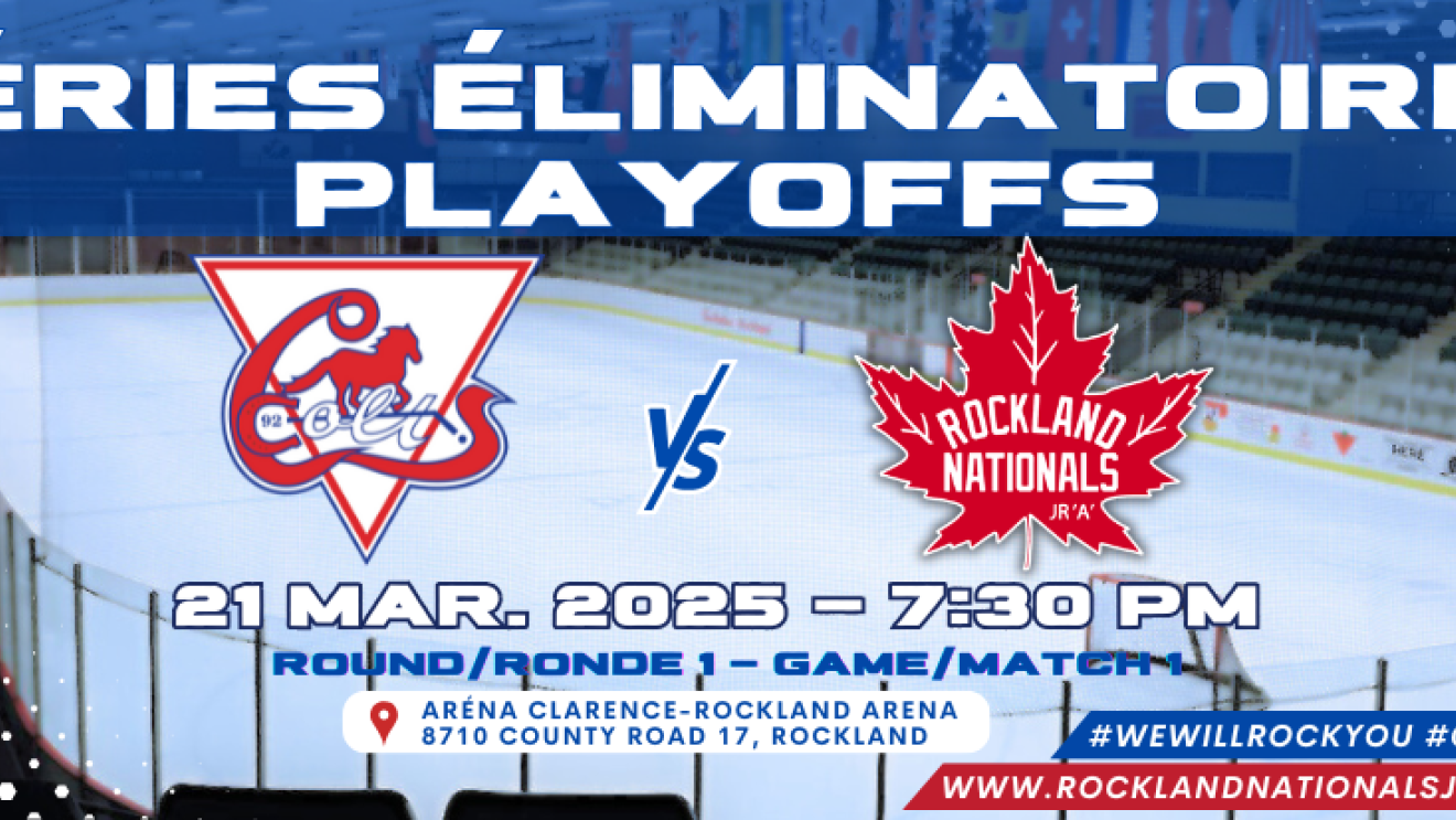 Hockey playoff game announcement with team logos.