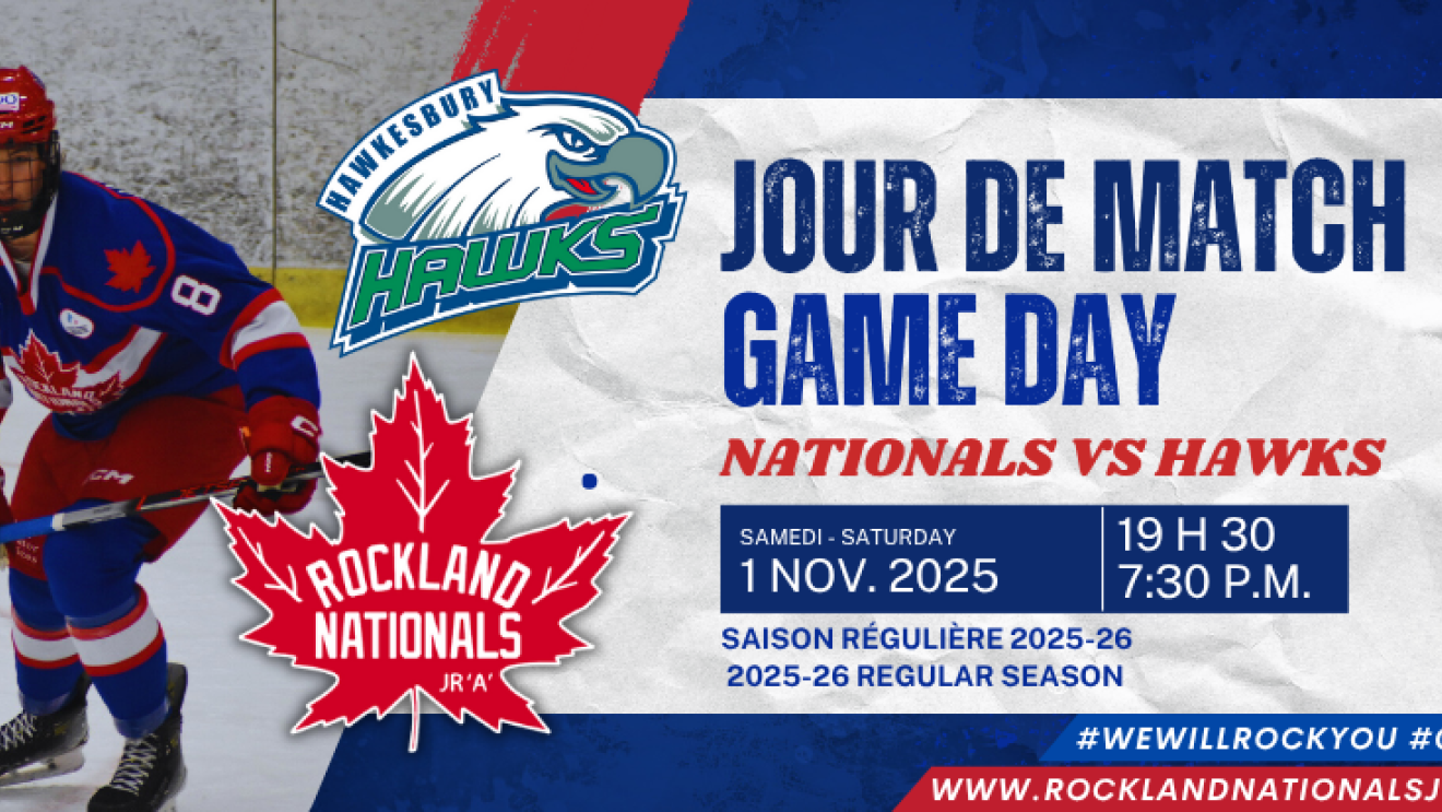 Hockey player in blue and red uniform on a game day poster.