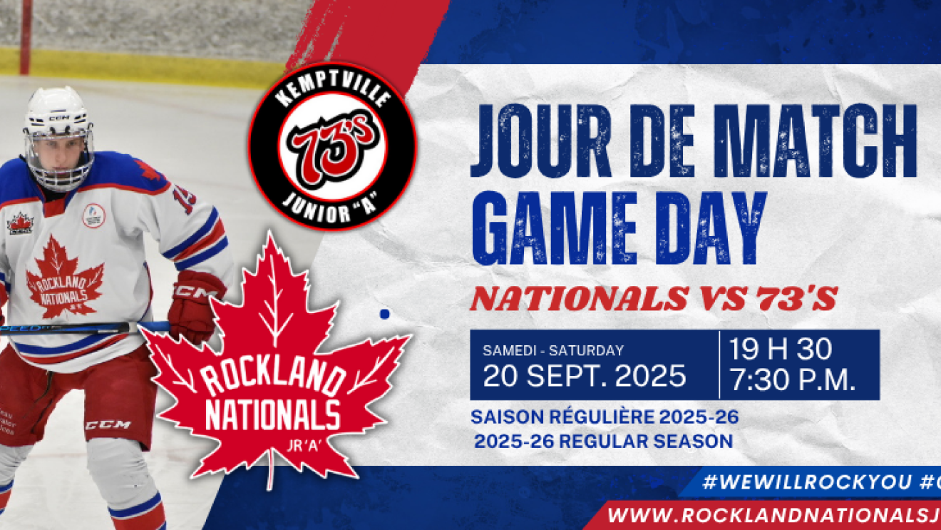 Hockey player in red and white gear on an ice rink, event details beside.