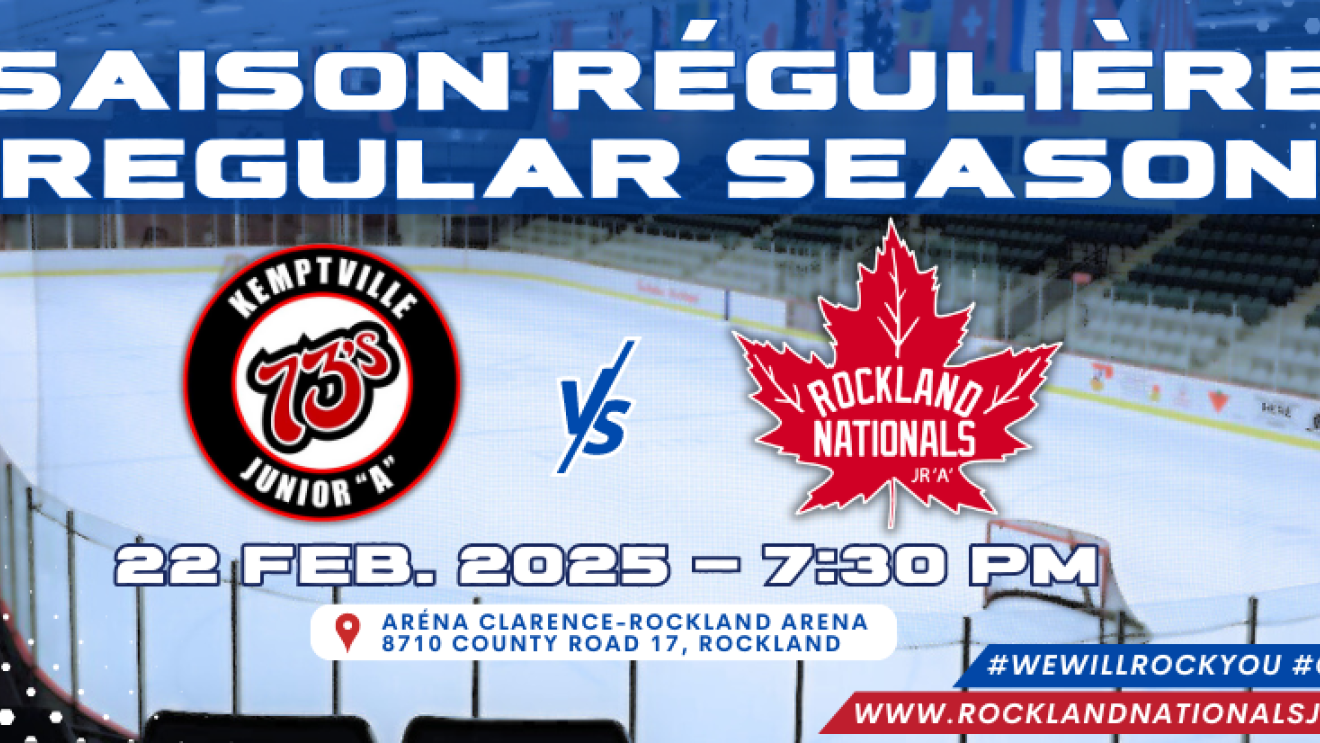 Hockey arena graphic with game details and team logos.