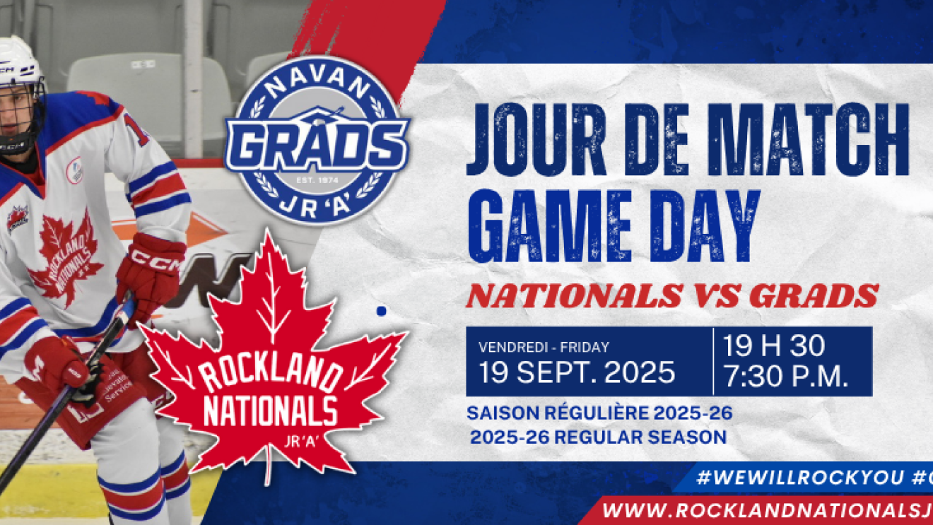 Hockey player in red and white uniform, game announcement background.