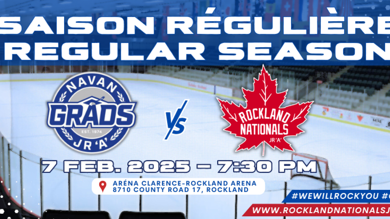 Hockey rink with team logos and game details.