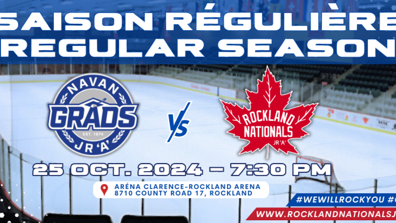 Hockey game advertisement featuring blue and red team logos.