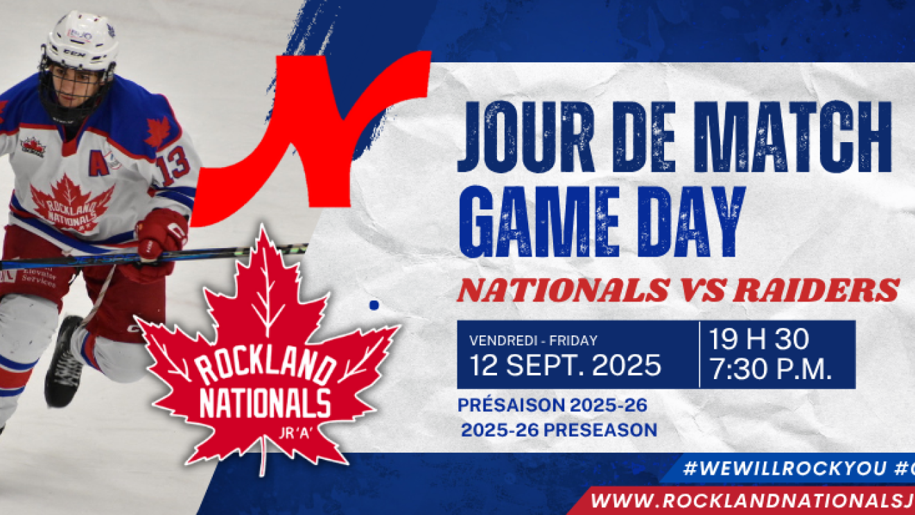 Hockey player in action with game details and logos.