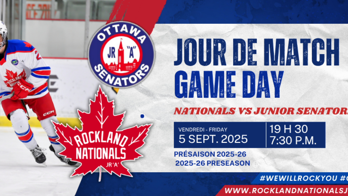 Hockey player on ice, Ottawa Generals logo, game details, blue and red theme.