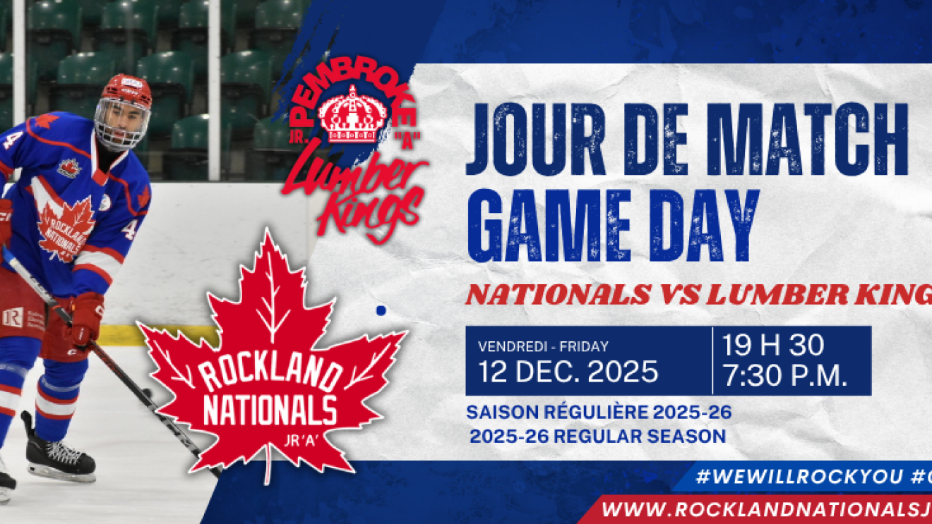 Hockey player in red and blue uniform on ice, match announcement.