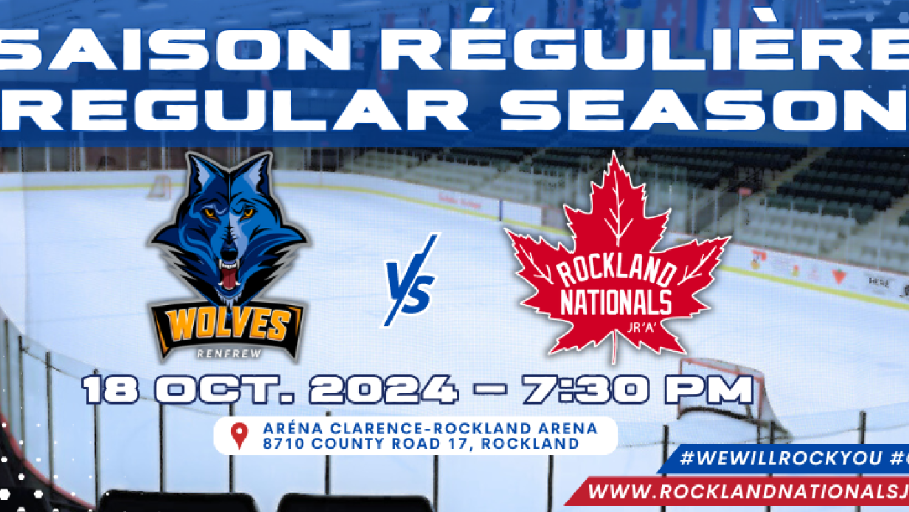 Hockey rink with logos of Wolves and team in red. Regular season announcement.