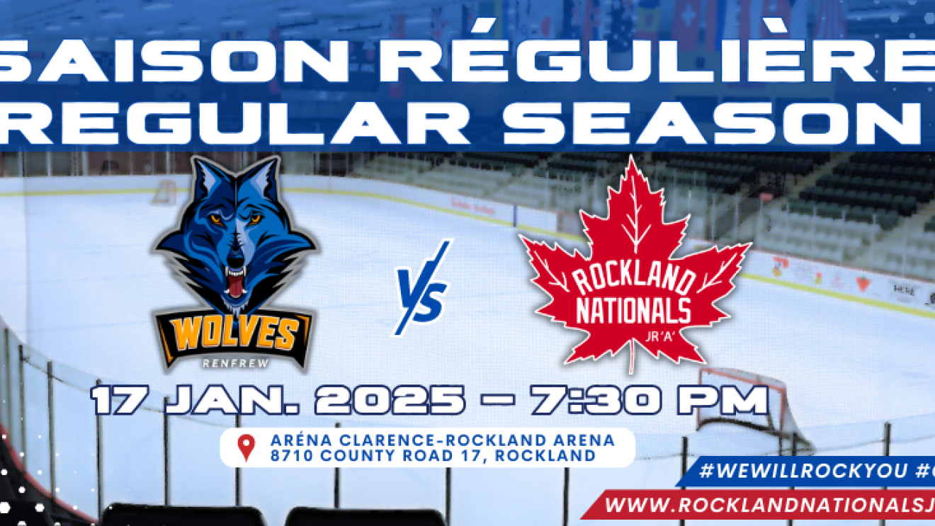 Ice hockey rink with Wolves and Canadiens logos, match details listed.