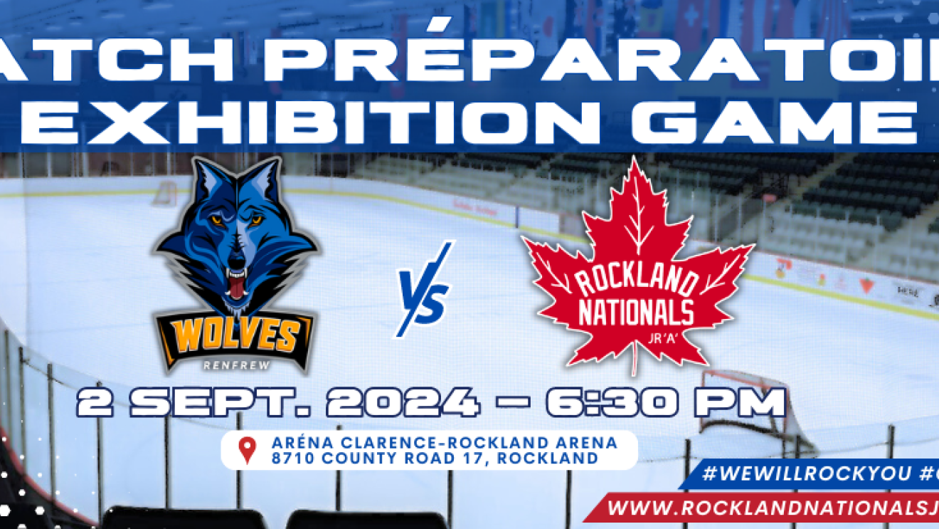 Hockey exhibition game poster with Wolves and Nationals logos on rink background.