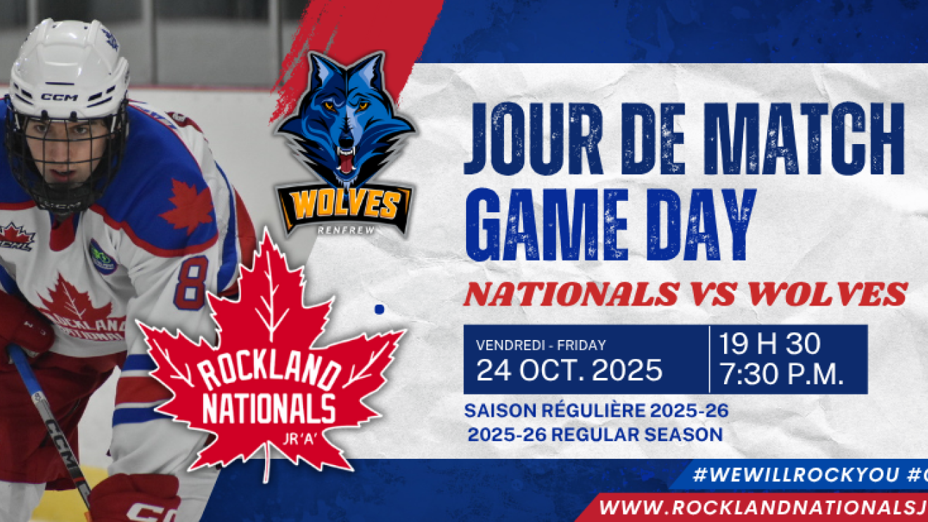 Hockey player in action, Wolves vs. Nationals, game day ad.
