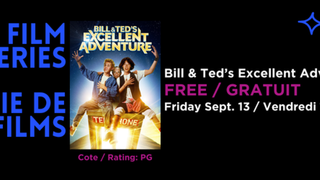 Affiche de film colorée de Bill & Ted, événements écrits en bleu.