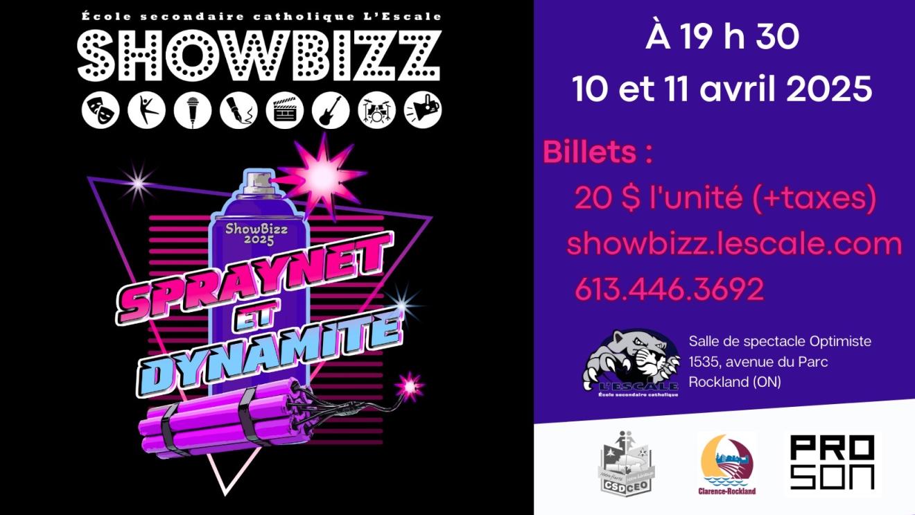 Graphic poster with purple and black theme, featuring text and logos.