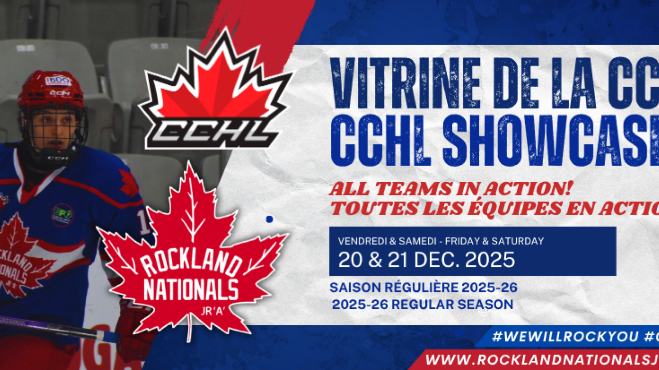 Un joueur de hockey sur glace en uniforme bleu et rouge, logo CCHL.