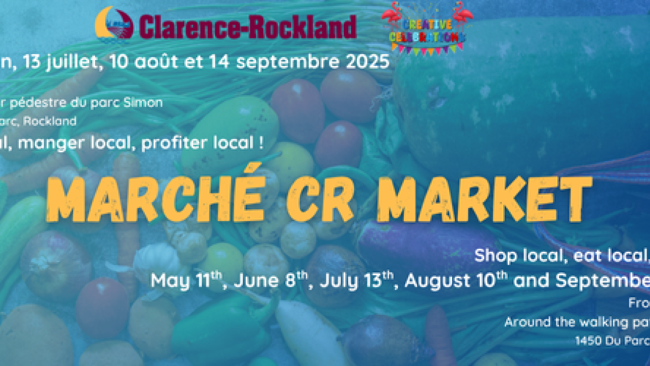 Colourful vegetables with "Marché CR Market" in bold yellow text.