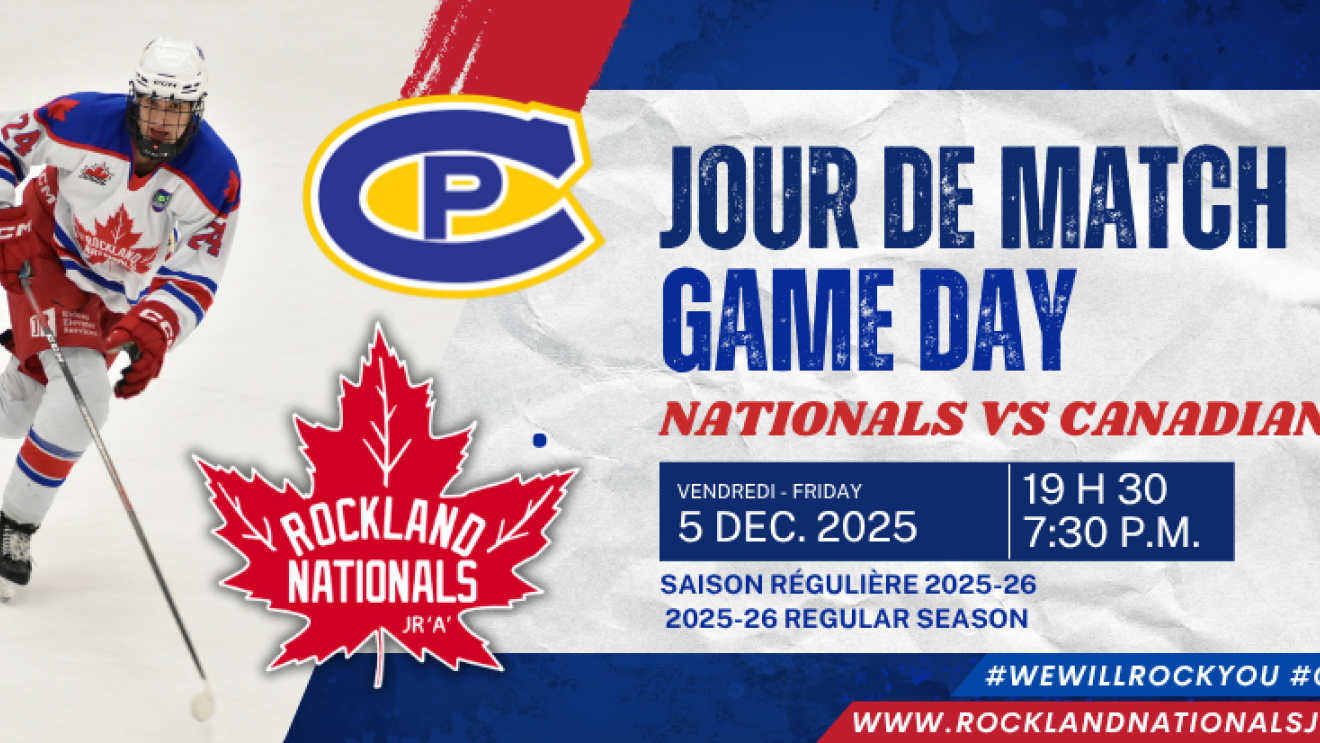 Hockey player in red and blue uniform with overlapping logos and text.