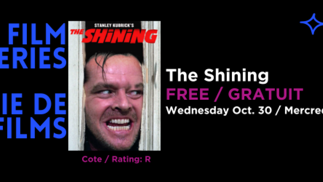 Film poster for "The Shining," showing a man’s face through a door.