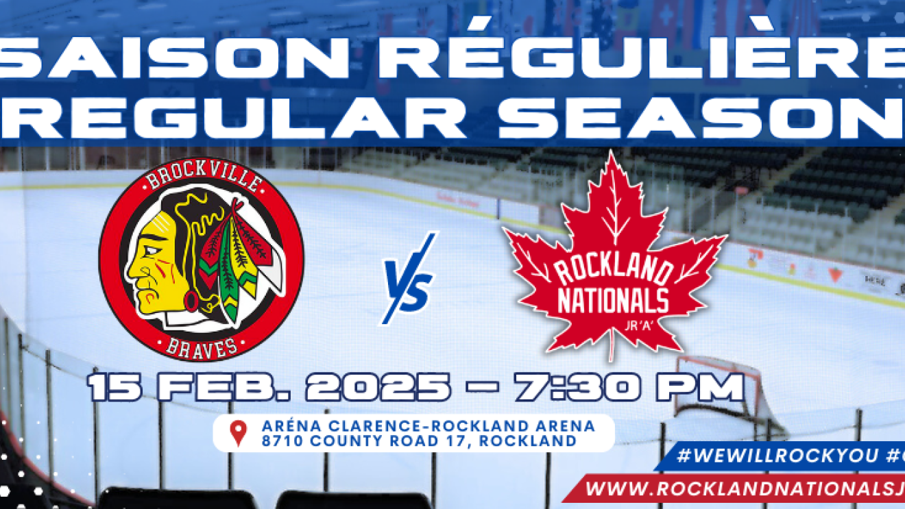 Hockey rink with team logos and match details.