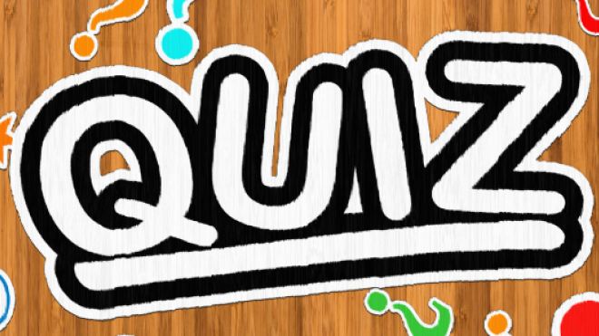 Quiz logo with colorful question marks and stars on wood background.