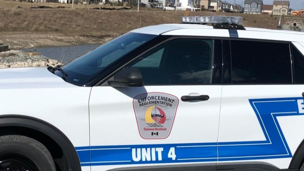 Enforcement vehicle parked by a lake.