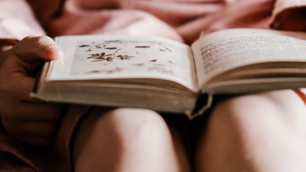 Reading a book while sitting on a bed with striped sheets.