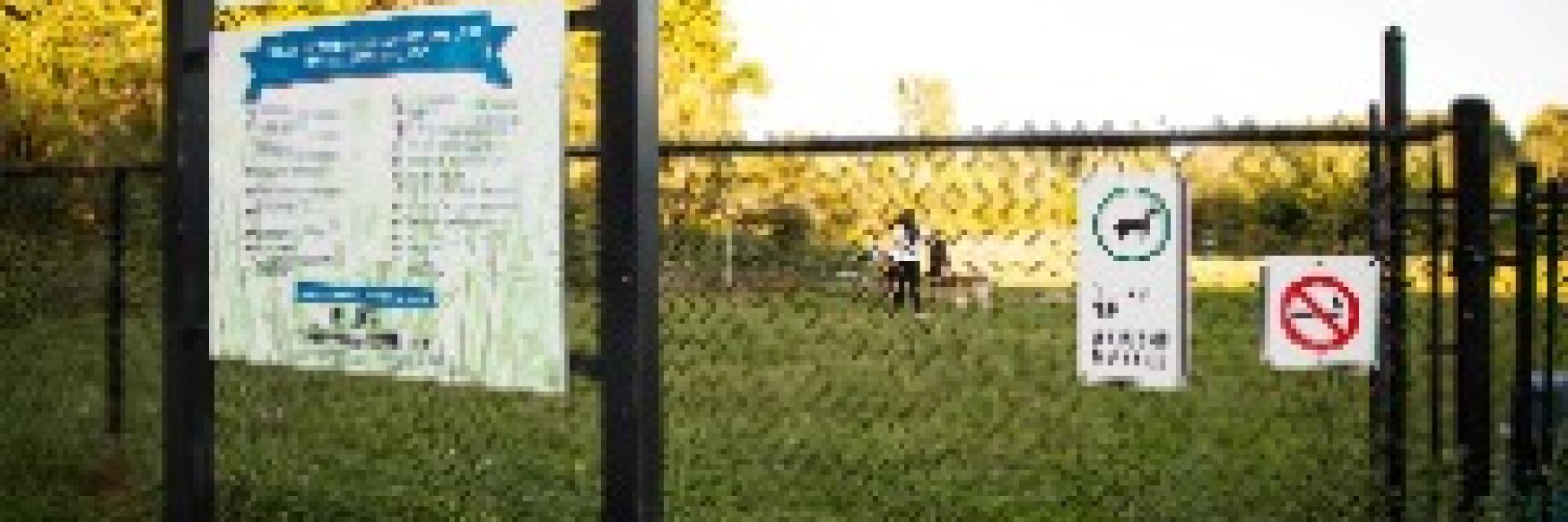 a fence bordering the dog park and a sign with rule and regulations