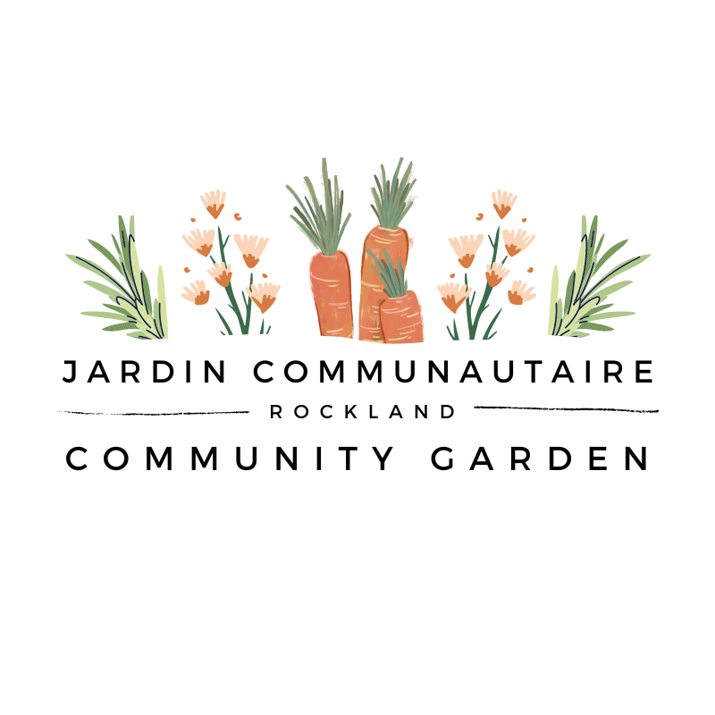 Community garden logo with carrots, flowers, and greenery.