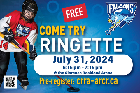 Young hockey player on blue promo for ringette event, July 31, 2024, 6:15 pm.