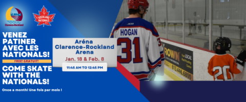 Hockey player guiding a child on the rink.