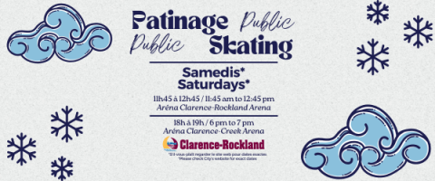 Blue clouds and snowflakes on white, promoting public skating events.