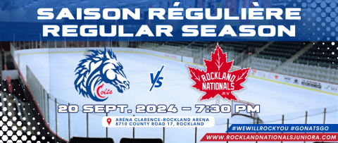 Hockey rink with team logos and event details.